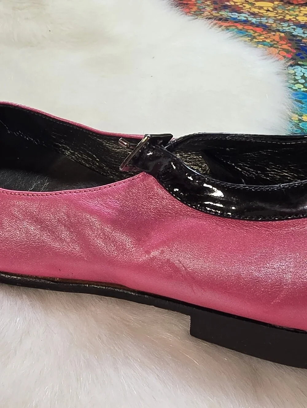 Women's Pink and Black Mary Jane Flats with Buckle Strap - Picture 10 of 11